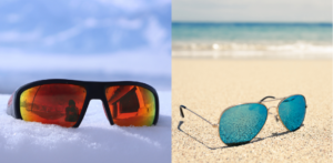Sunglasses on snow and sunglasses on beach, showing difference between winter and summer eyewear